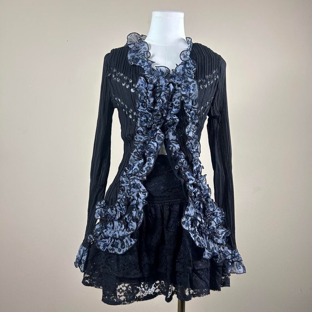 Gorgeous Y2K Deadstock Blue and Black Leopard Print Ruffle Blouse